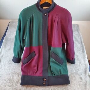 Vintage Sherwood Wool Blend Coat Womens SZ L Colorblock Button Front Green Red